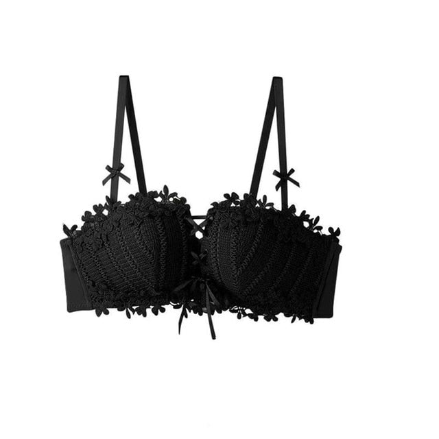 Exclare Lace Embroidery Wirefree Anti-slip Push Up Strapless Bra Women Hand  Shape Everyday Bras Custom Lift(Black,30C）
