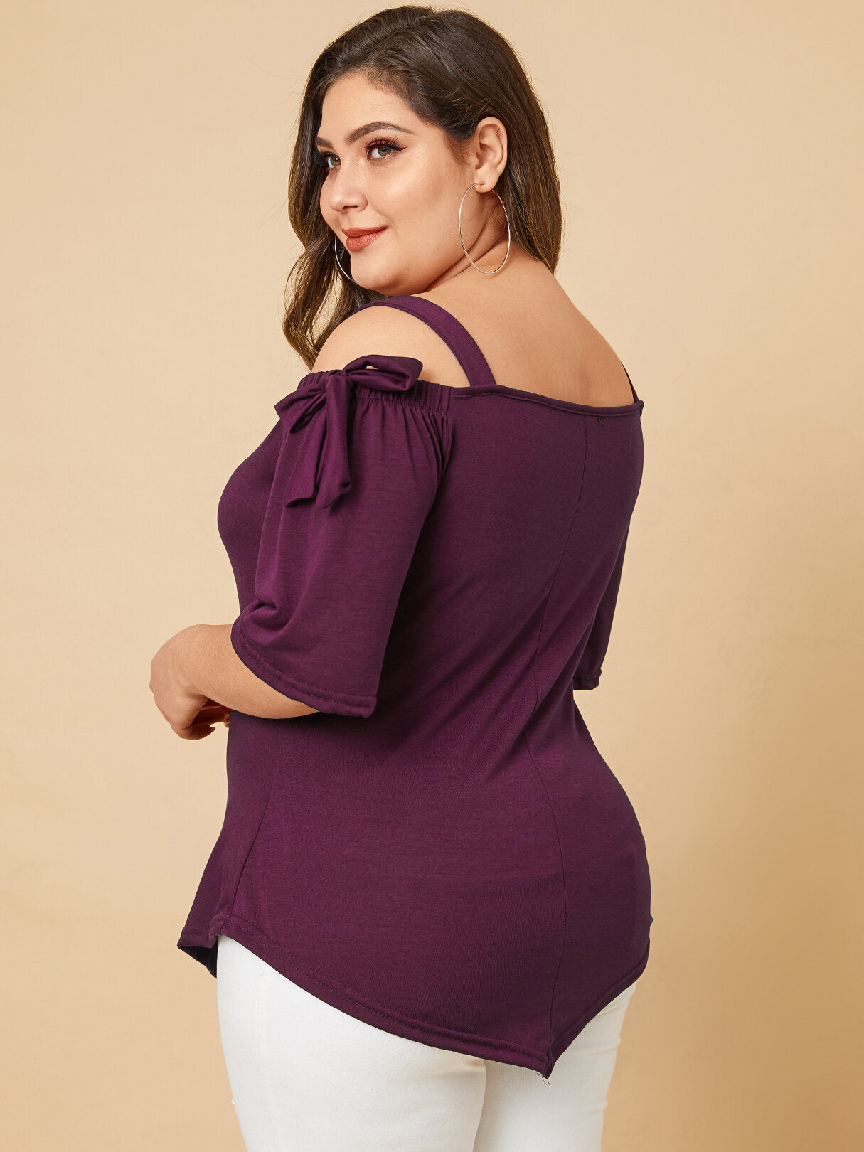 Plus Size Tie-up Design Cold Shoulder Half Sleeve Wild Casual Blouse