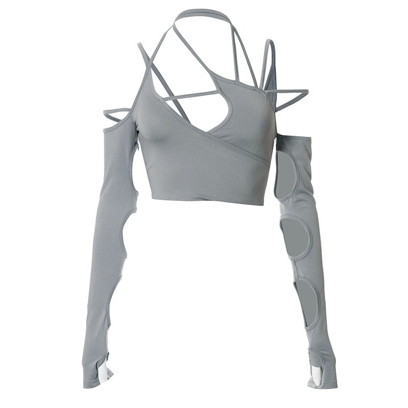 2022 New Cyber Y2k Techwear Punk Women Halter Tops Gothic Egirl Patchwork Long Sleeve Crop Top Sexy Cut Out Casual T-shirts