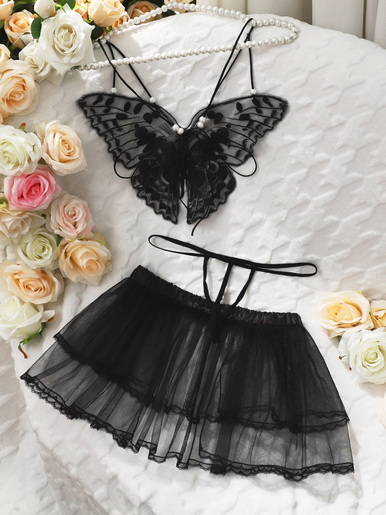 Butterfly Appliques Mesh Lingerie Set
