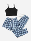 3Pcs Plaid Knot Front Cami PJ Set