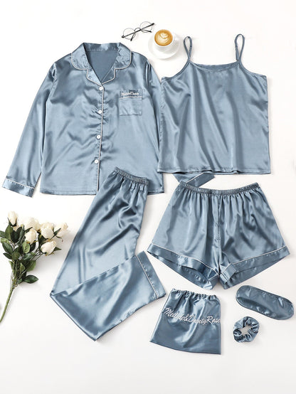 7Pcs Satin Pajama Set with Contrast Binding