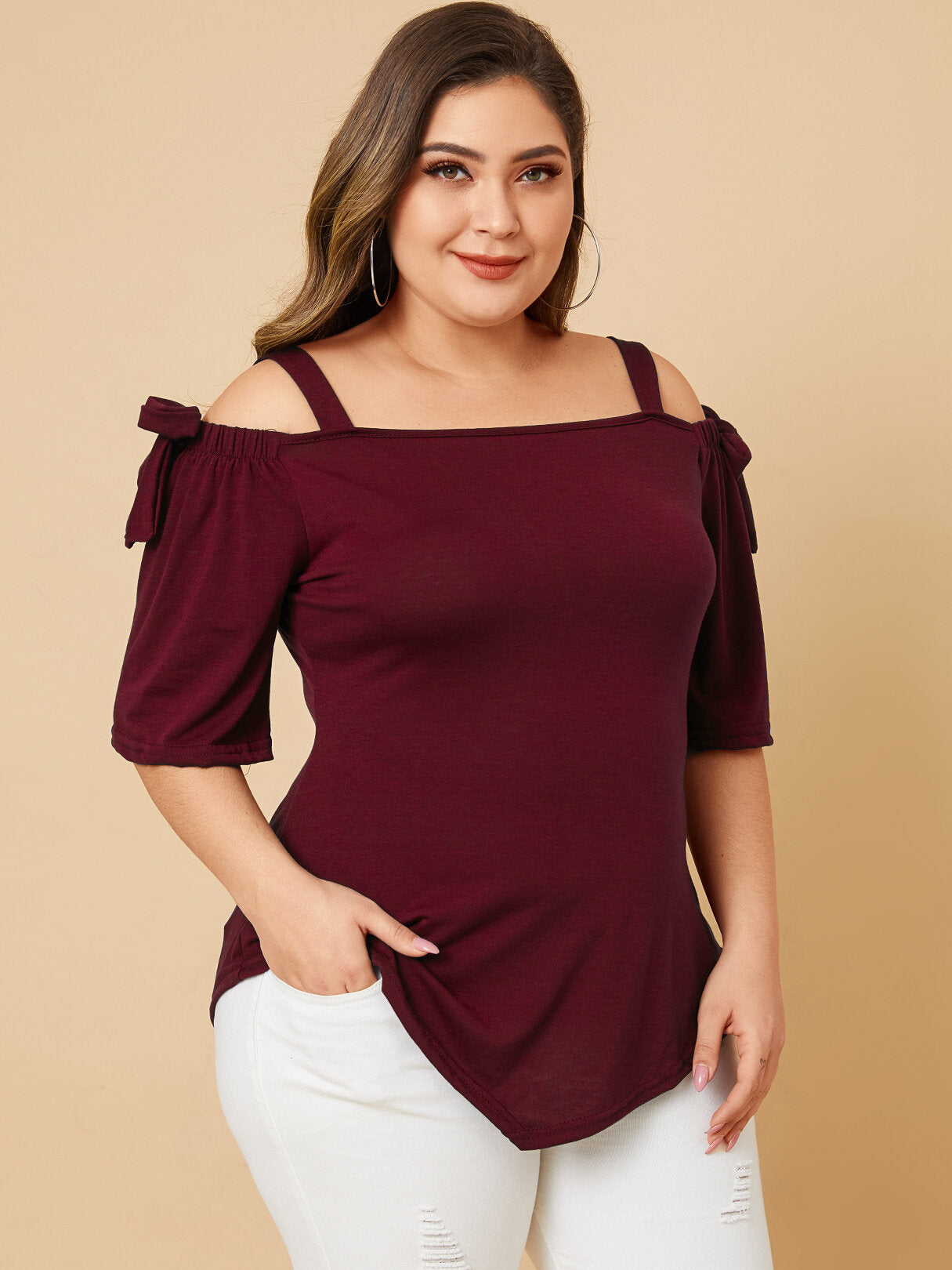 Plus Size Tie-up Design Cold Shoulder Half Sleeve Wild Casual Blouse