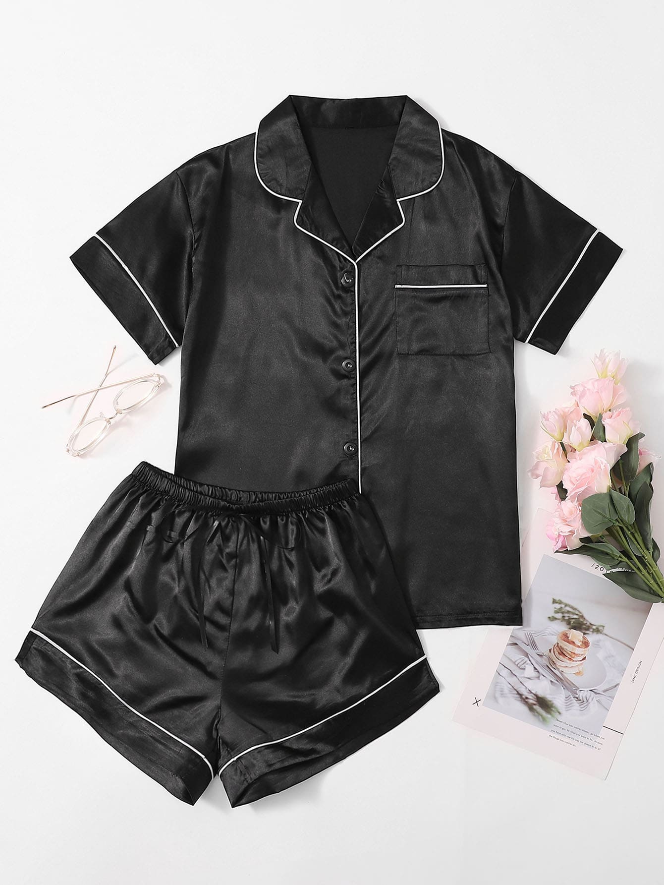 Satin Contrast Binding Button Front Pajama Set - Chic and Elegant