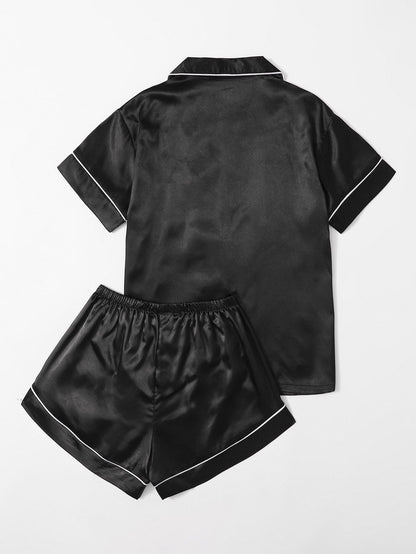 Satin Contrast Binding Button Front Pajama Set - Chic and Elegant