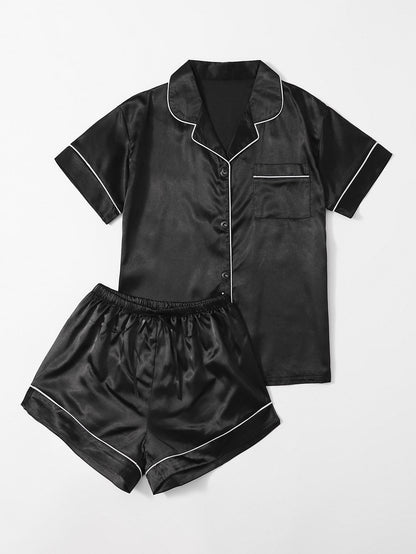 Satin Contrast Binding Button Front Pajama Set - Chic and Elegant
