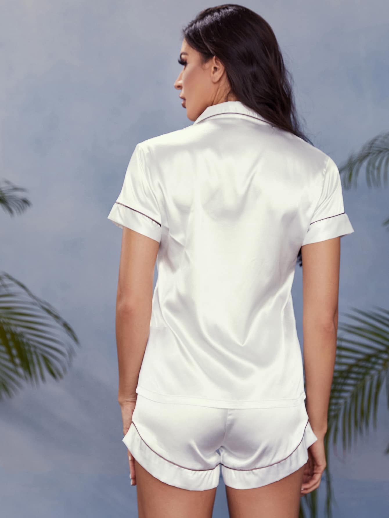 Satin Contrast Binding Button Front Pajama Set - Chic and Elegant