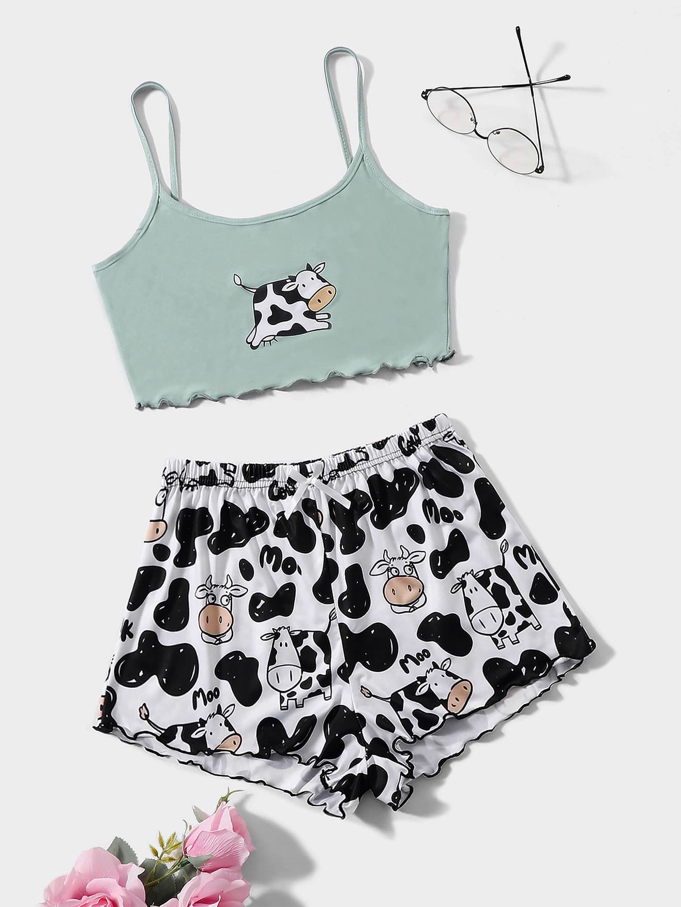 Cow Print Lettuce Trim PJ Set
