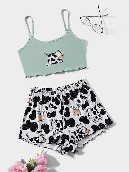 Cow Print Lettuce Trim PJ Set