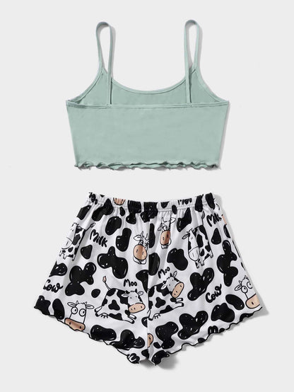 Cow Print Lettuce Trim PJ Set