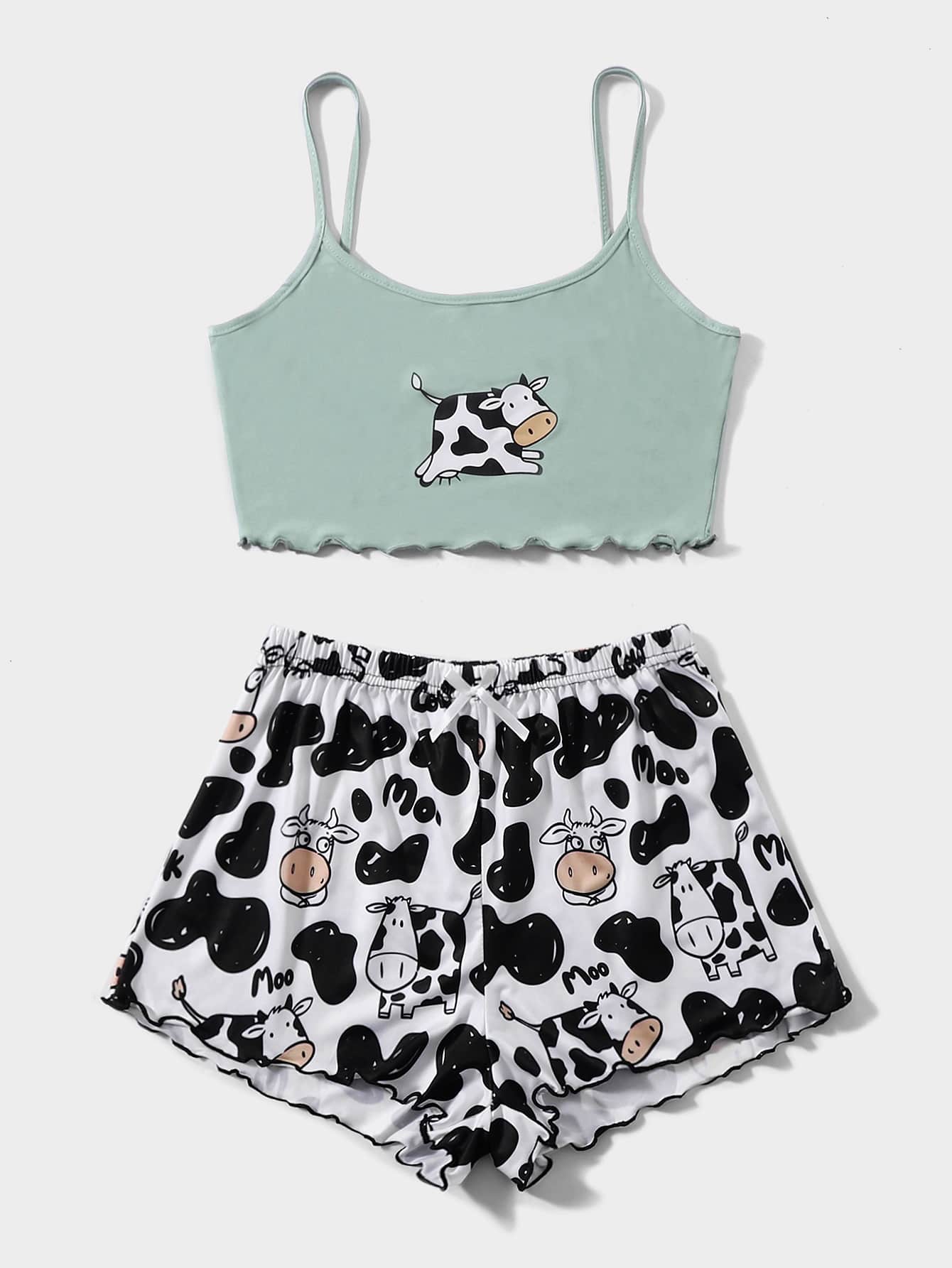 Cow Print Lettuce Trim PJ Set