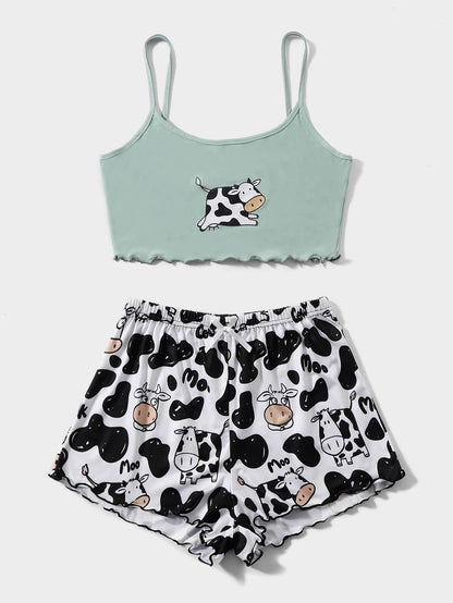 Cow Print Lettuce Trim PJ Set