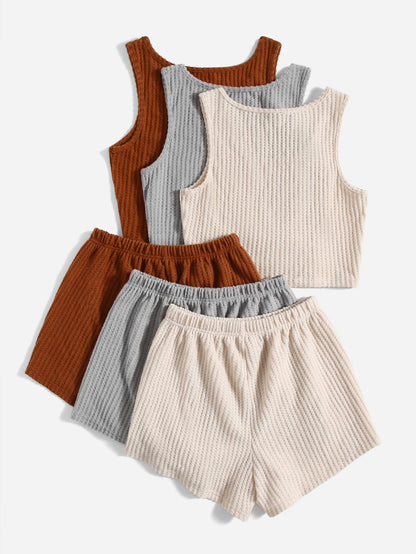 3pcs Waffle Knit Pajama Set