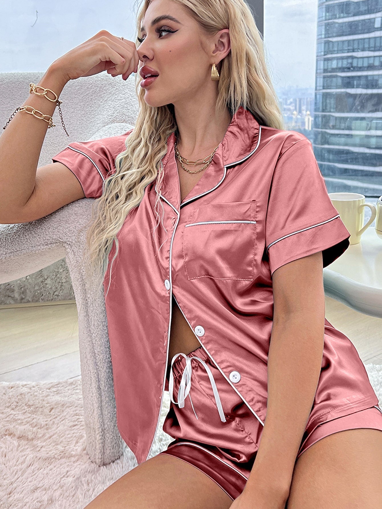 Satin Contrast Binding Button Front Pajama Set - Chic and Elegant