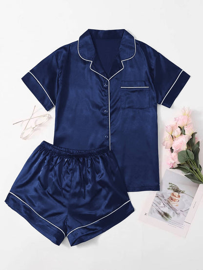 Satin Contrast Binding Button Front Pajama Set - Chic and Elegant