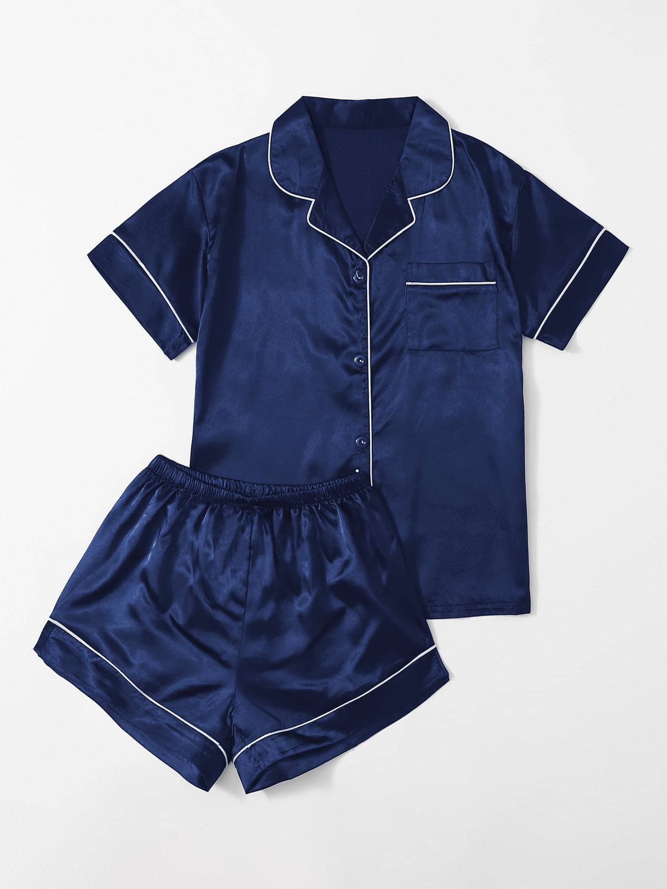 Satin Contrast Binding Button Front Pajama Set - Chic and Elegant