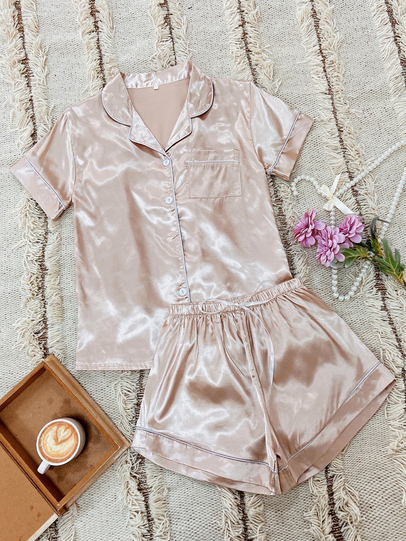 Satin Contrast Binding Button Front Pajama Set - Chic and Elegant