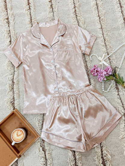 Satin Contrast Binding Button Front Pajama Set - Chic and Elegant
