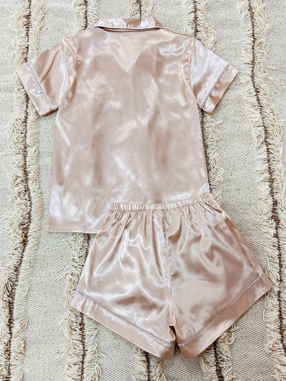 Satin Contrast Binding Button Front Pajama Set - Chic and Elegant