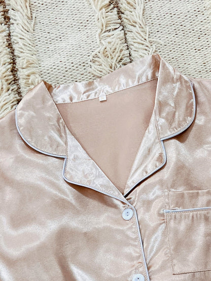 Satin Contrast Binding Button Front Pajama Set - Chic and Elegant