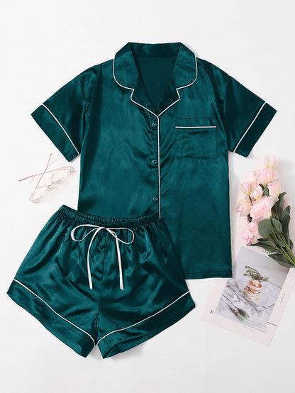 Satin Contrast Binding Button Front Pajama Set - Chic and Elegant