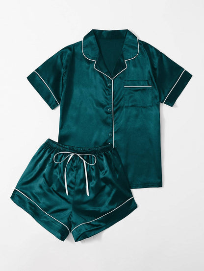 Satin Contrast Binding Button Front Pajama Set - Chic and Elegant