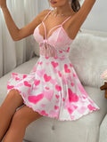 Estorenew Heart Print Contrast Lace Mesh Slips