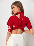 Estorenew Torres Solid Criss Cross Cut Out Butterfly Sleeve Crop Top