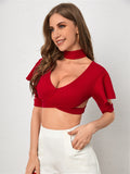 Estorenew Torres Solid Criss Cross Cut Out Butterfly Sleeve Crop Top