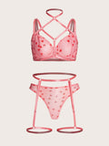 Estorenew Heart Print Mesh Lingerie Set