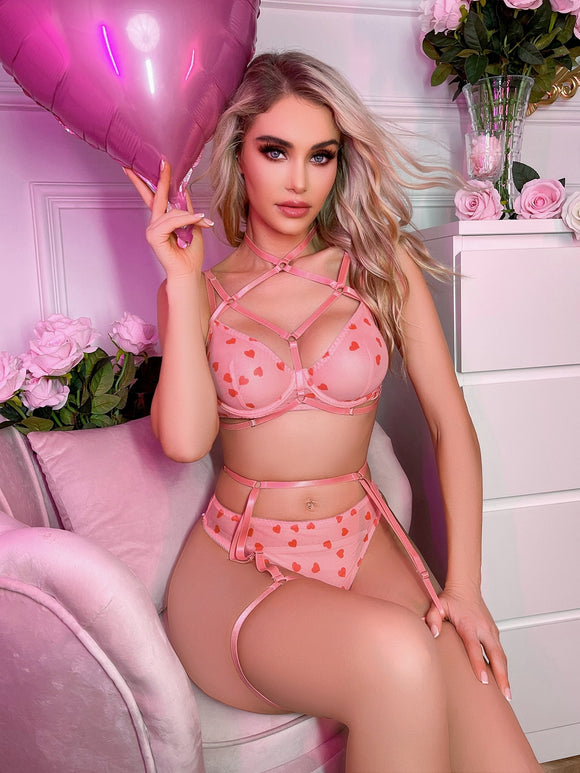 Estorenew Heart Print Mesh Lingerie Set