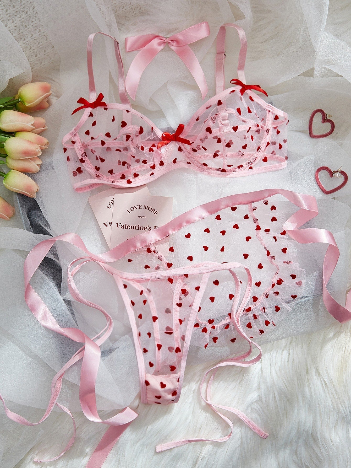 Heart Print Mesh Underwire Lingerie Set