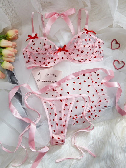 Heart Print Mesh Underwire Lingerie Set