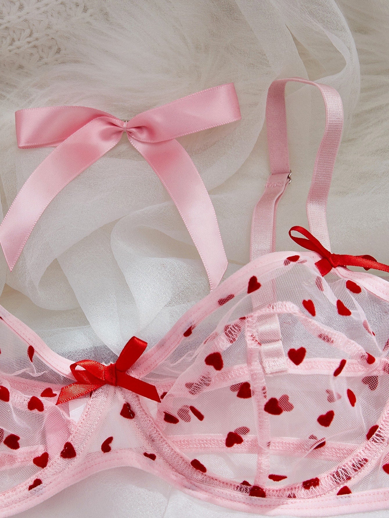 Heart Print Mesh Underwire Lingerie Set