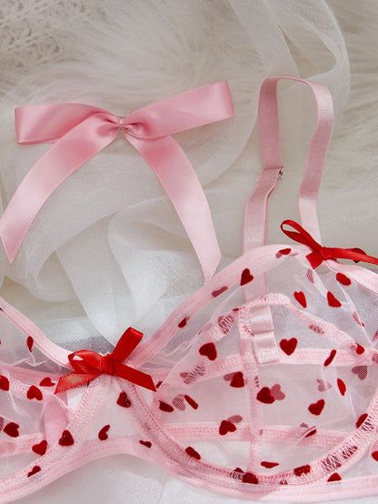 Heart Print Mesh Underwire Lingerie Set