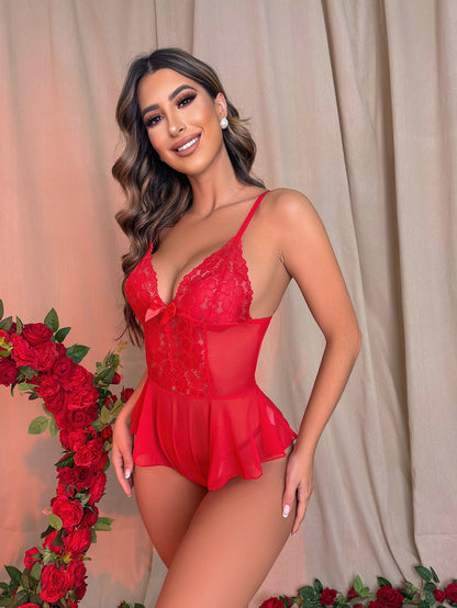 Contrast Lace Mesh Crotchless Teddy Bodysuit