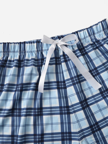 3Pcs Plaid Knot Front Cami PJ Set