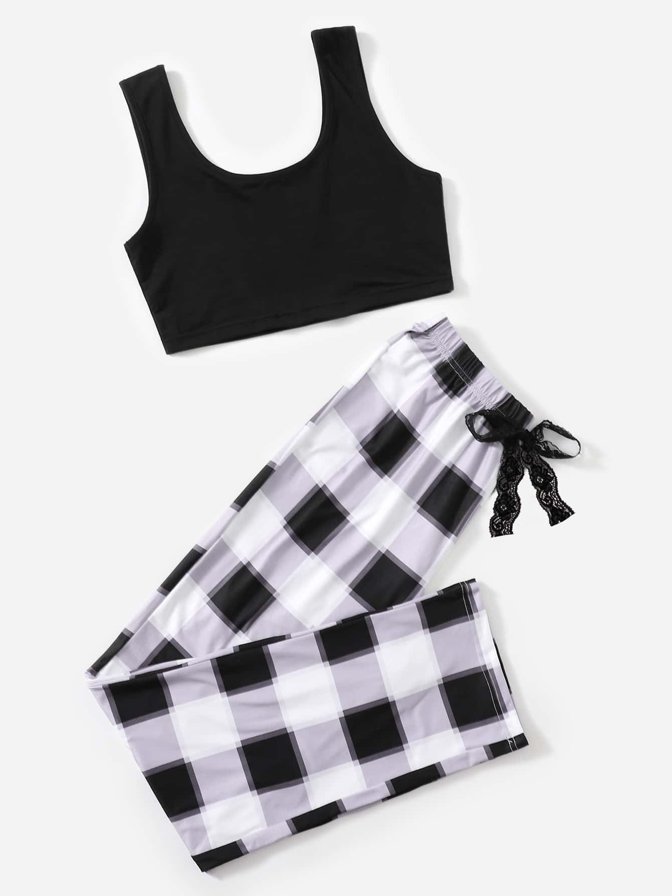 Tank Top & Buffalo Plaid Bow Detail Pants PJ Set