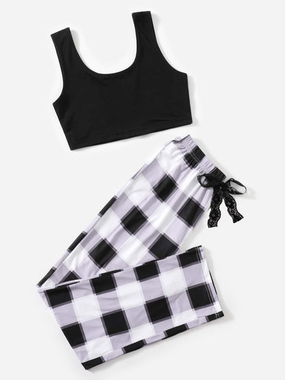 Tank Top & Buffalo Plaid Bow Detail Pants PJ Set