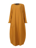 Women Solid Color O-neck Long Sleeves Splited Robe Kaftan Casual Maxi Dress With Pocket