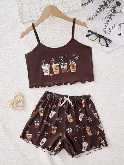 Girls Coffee & Letter Graphic Lettuce Trim PJ Set