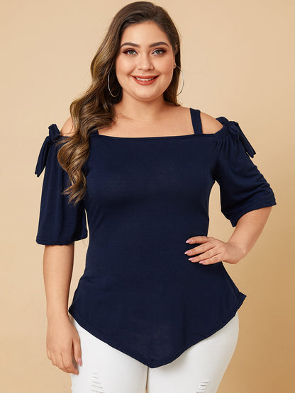 Plus Size Tie-up Design Cold Shoulder Half Sleeve Wild Casual Blouse