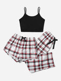 3Pcs Plaid Bow Front PJ Set