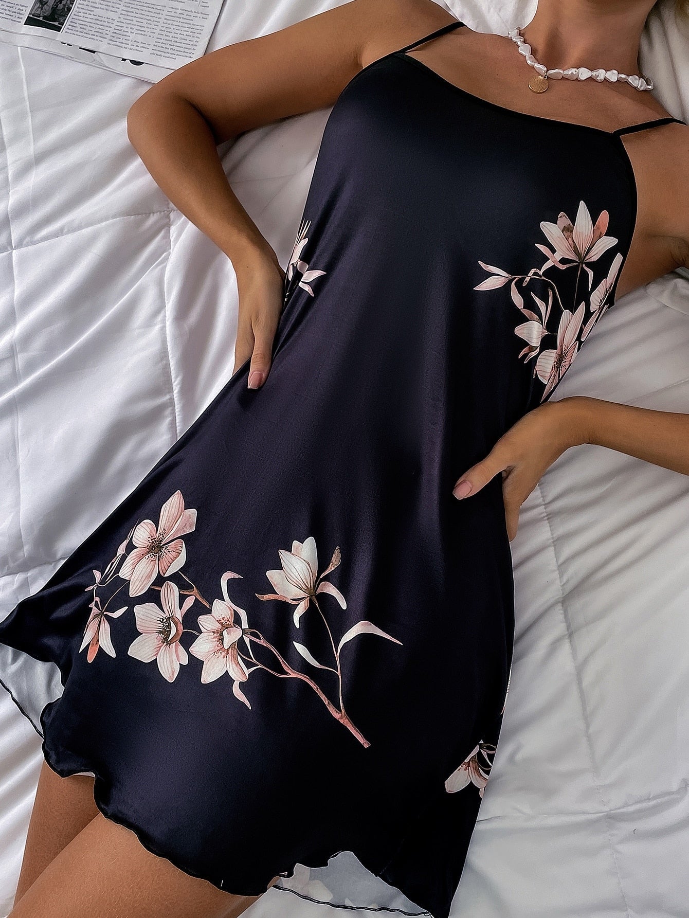 Floral Print Lettuce Trim Slip Nightdress