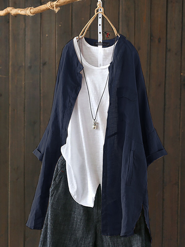 S-5XL Women Long Sleeve Button Down Cotton Asymmetric Vintage Blouse