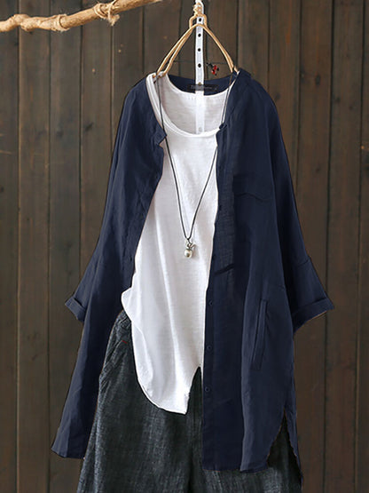 S-5XL Women Long Sleeve Button Down Cotton Asymmetric Vintage Blouse