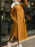 Women Solid Color O-neck Long Sleeves Splited Robe Kaftan Casual Maxi Dress With Pocket