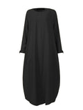 Women Solid Color O-neck Long Sleeves Splited Robe Kaftan Casual Maxi Dress With Pocket