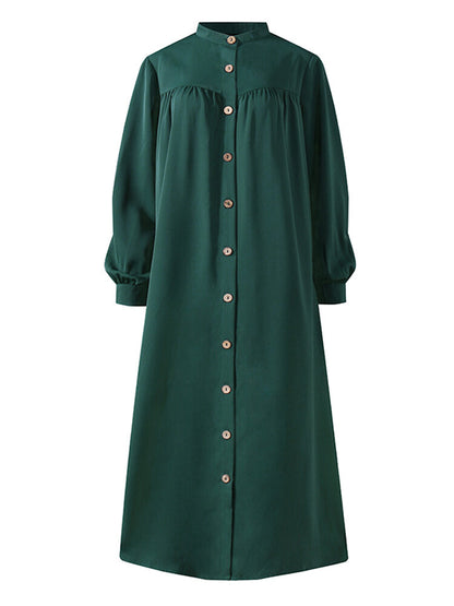 Solid Color Stand Collar Button Down Front Leisure Loose Maxi Dress with Side Pockets