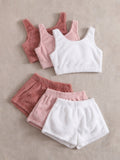 3Pcs Solid Flannel Tank Top & 3Pcs Lounge Shorts